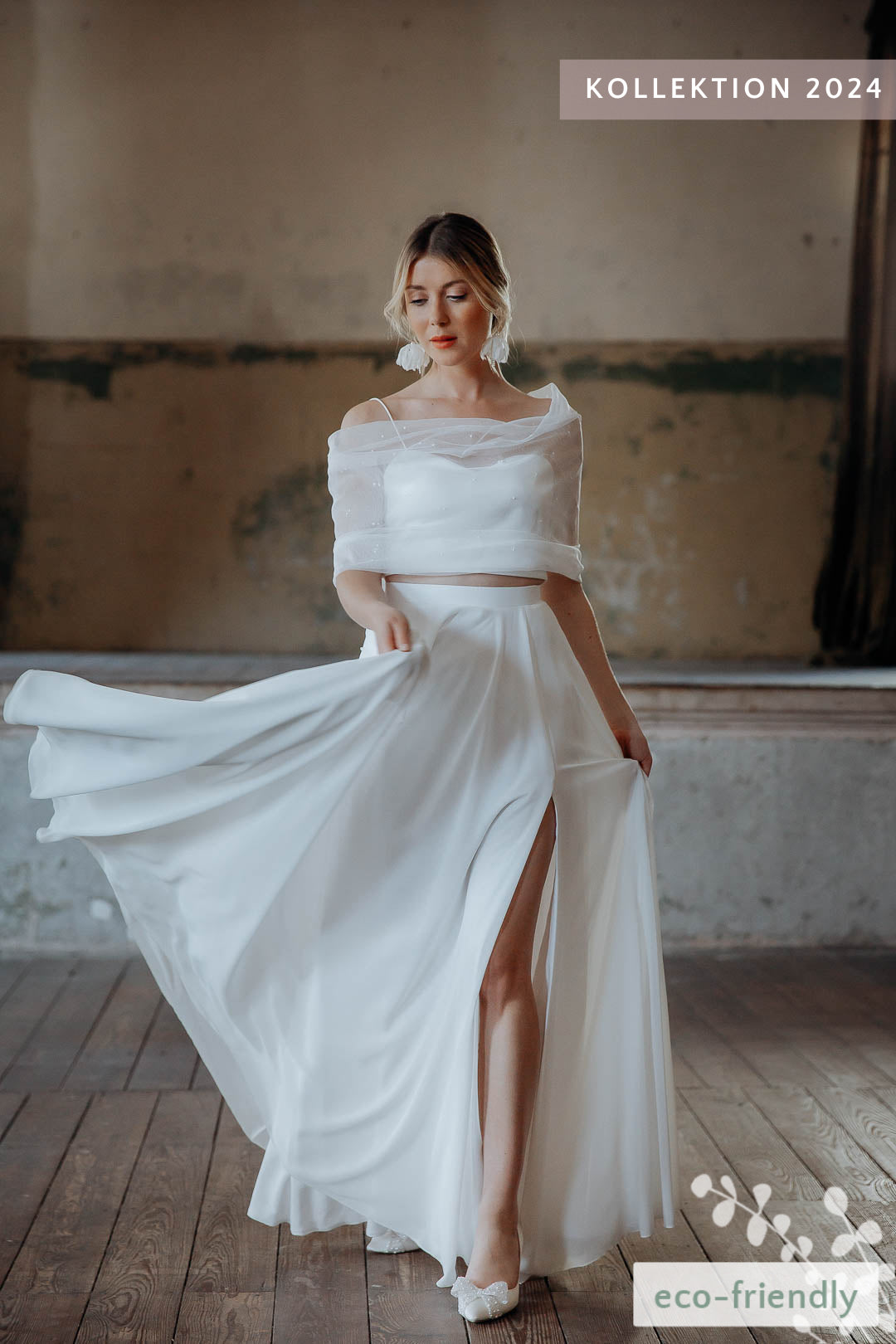 Jona Brautrock kombiniert mit schlichtem Top – moderner, luftiger Look für Sommer- und Standesamthochzeiten.