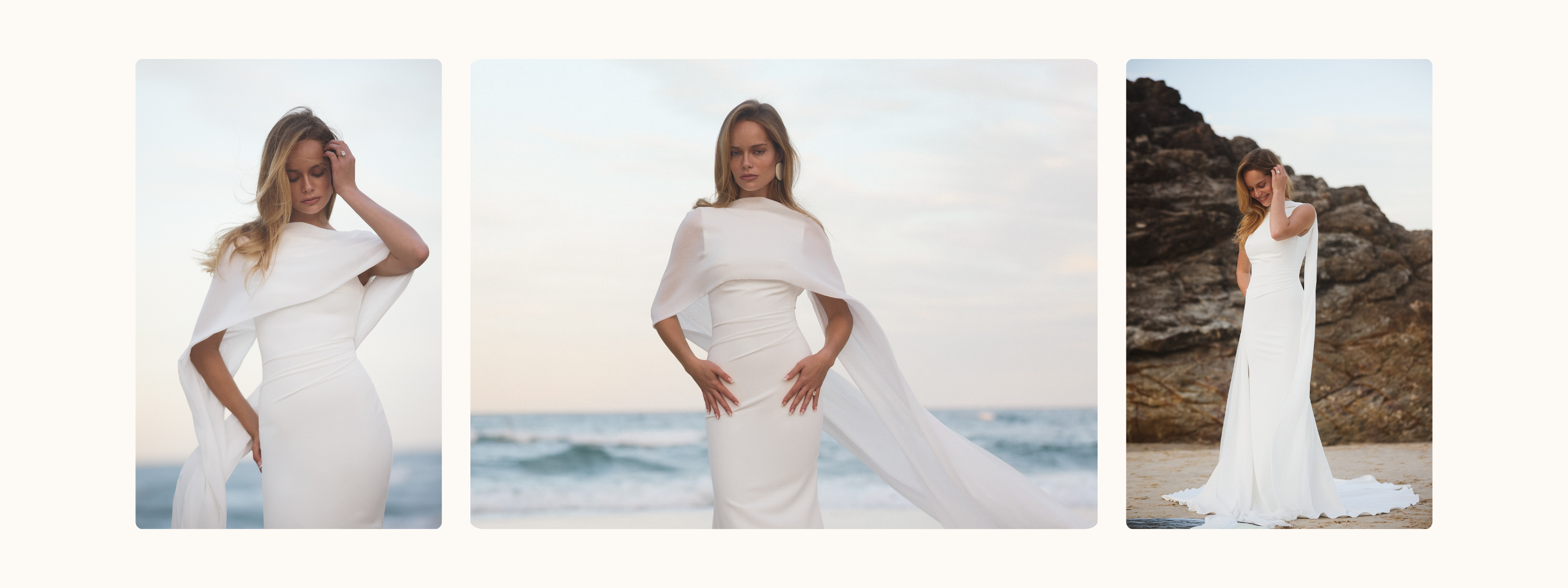 Brautmode Leidersbach: Model im Brautkleid Gates von MWL Bride. Figurbetontes Brautkleid aus crepe.